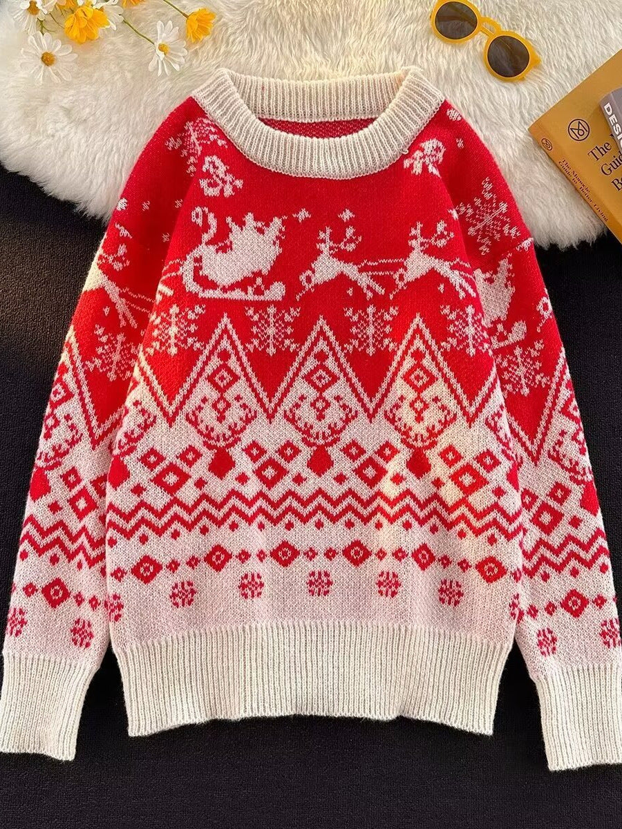 Men's Lazy Style Big Red Knitted Sweater for Teenagers and Students Christmas Holiday Couple Wear Loose Sweater for Men in Winter