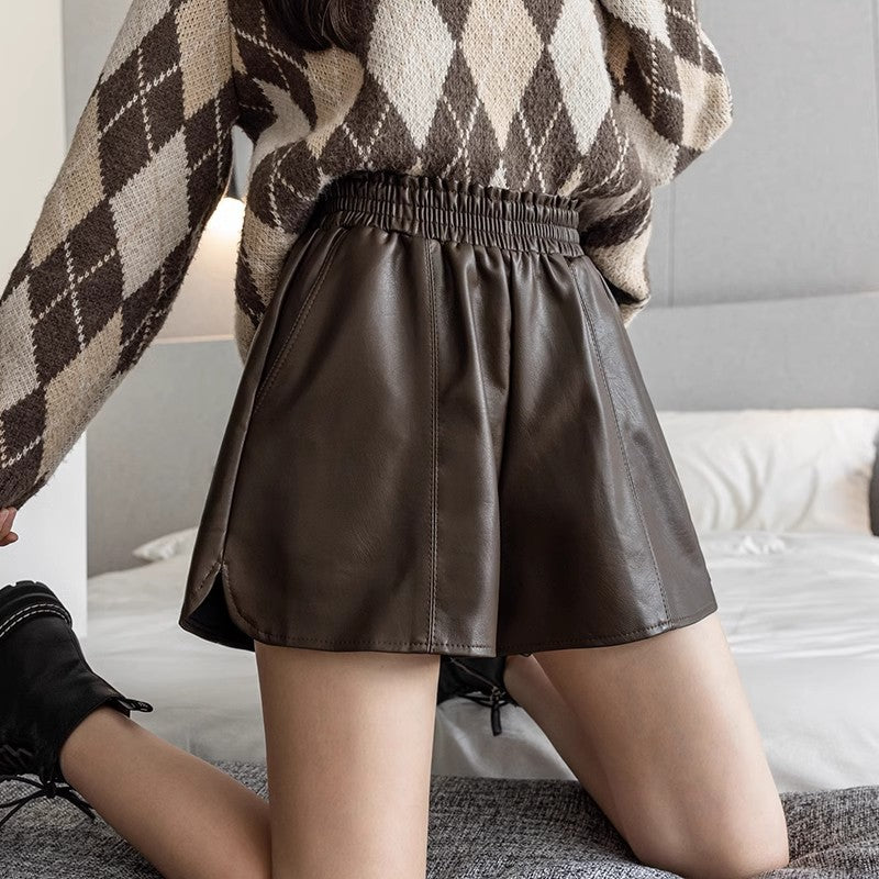 Casual Leather Shorts Women's Spring and Autumn Outwear Korean Style Short-fit High Waist Wide-leg Leather Pants Base Boot Pants