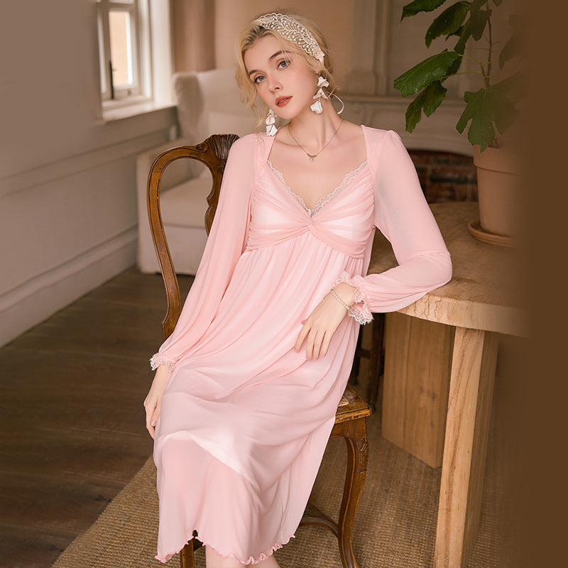 All-Season Long-Style High-End Sexy Pajamas Made of Modal with a Dreamy Sheer Mesh Overlay and Comfortable Chest Pads
