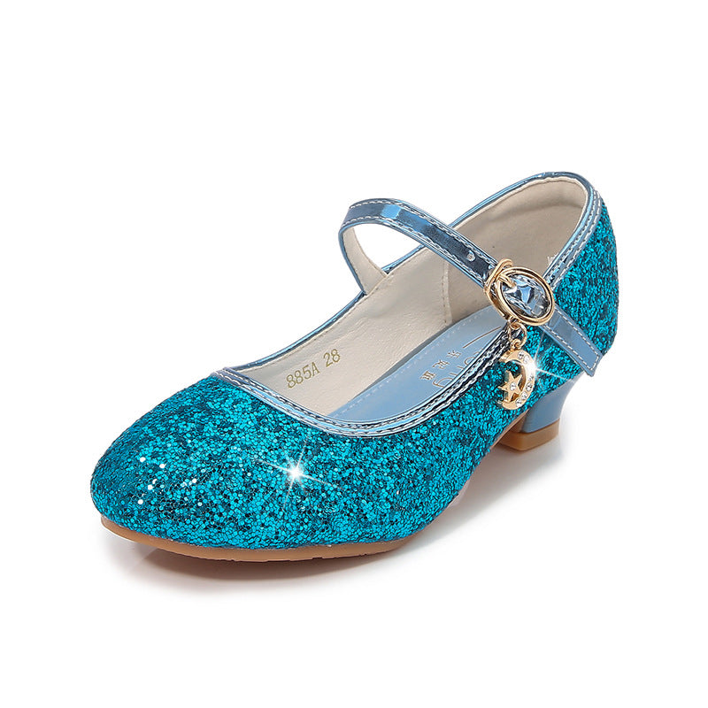 Children's High Heels Women's Shoes New Fashion Students Silver Sequins Performance Shoes Women's Etiquette Flower Children's Shoes