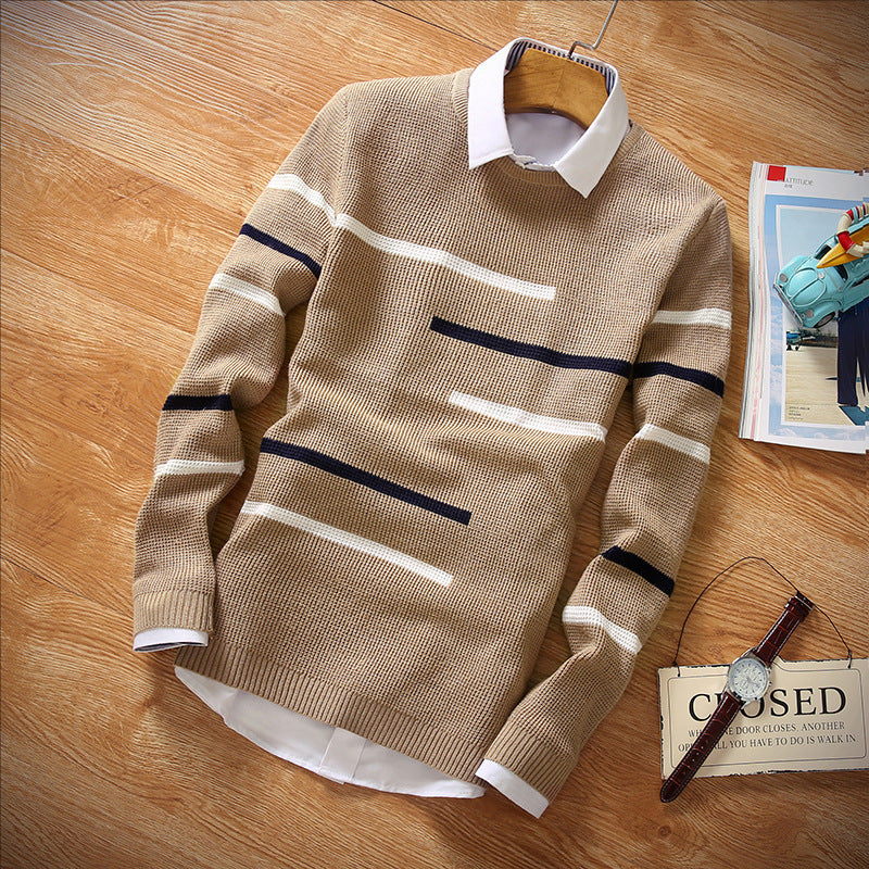 Men's Crewneck Sweater Cross-border Amazon Youth Slim-fit Casual Striped Jacquard Base Shirt Pullover Knitted Sweater