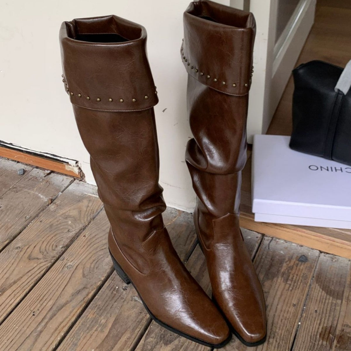 Original In-Stock 2025 Autumn and Winter Comfortable Mid-Heel Slouch Boots for Women, Chunky Heel, Square Toe, Black Over-The-Knee High Boots for Women