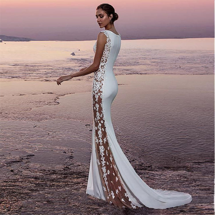 Cross-border European and American Evening Dress Lace Stitching Super Long Dress Vacation Sexy Hollow Female Amazon Factory