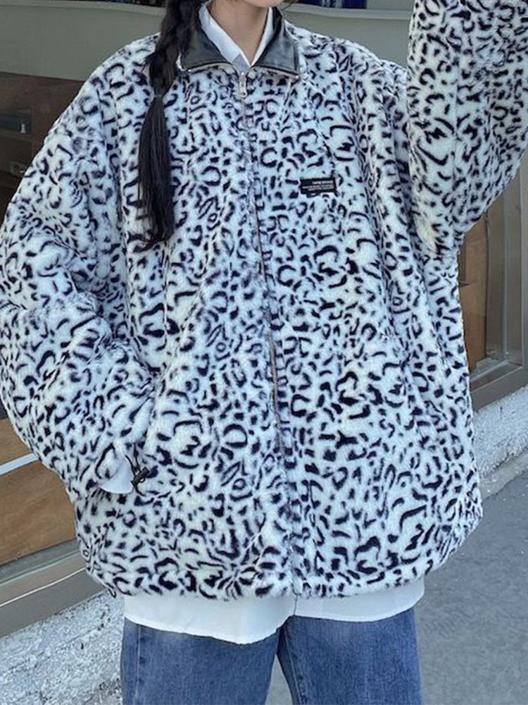 European and American Style 2025 Autumn and Winter New Women's Clothing Reversible Leopard Print Pu Leather Jacket Thickeneded Warm Plush Jacket Wholesale