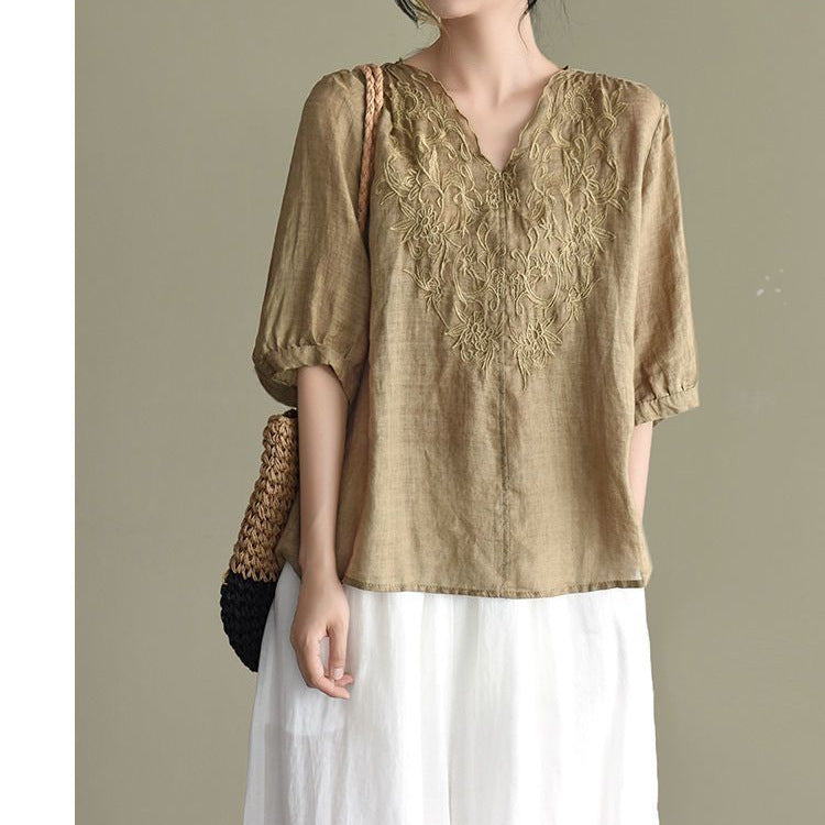 Shirt Summer New Style Retro Literary Thin Embroidered Short-Sleeved Cotton and Linen Tops for Women Ethnic Style V-Neck Pure Cotton T-Shirts for Women
