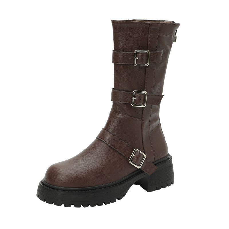 Retro Mid-Calf Boots for Women 2025 Autumn and Winter New Round-Toe Thick-Soled Short Boots Simple and Versatile Fashionable Western Cowboy Boots