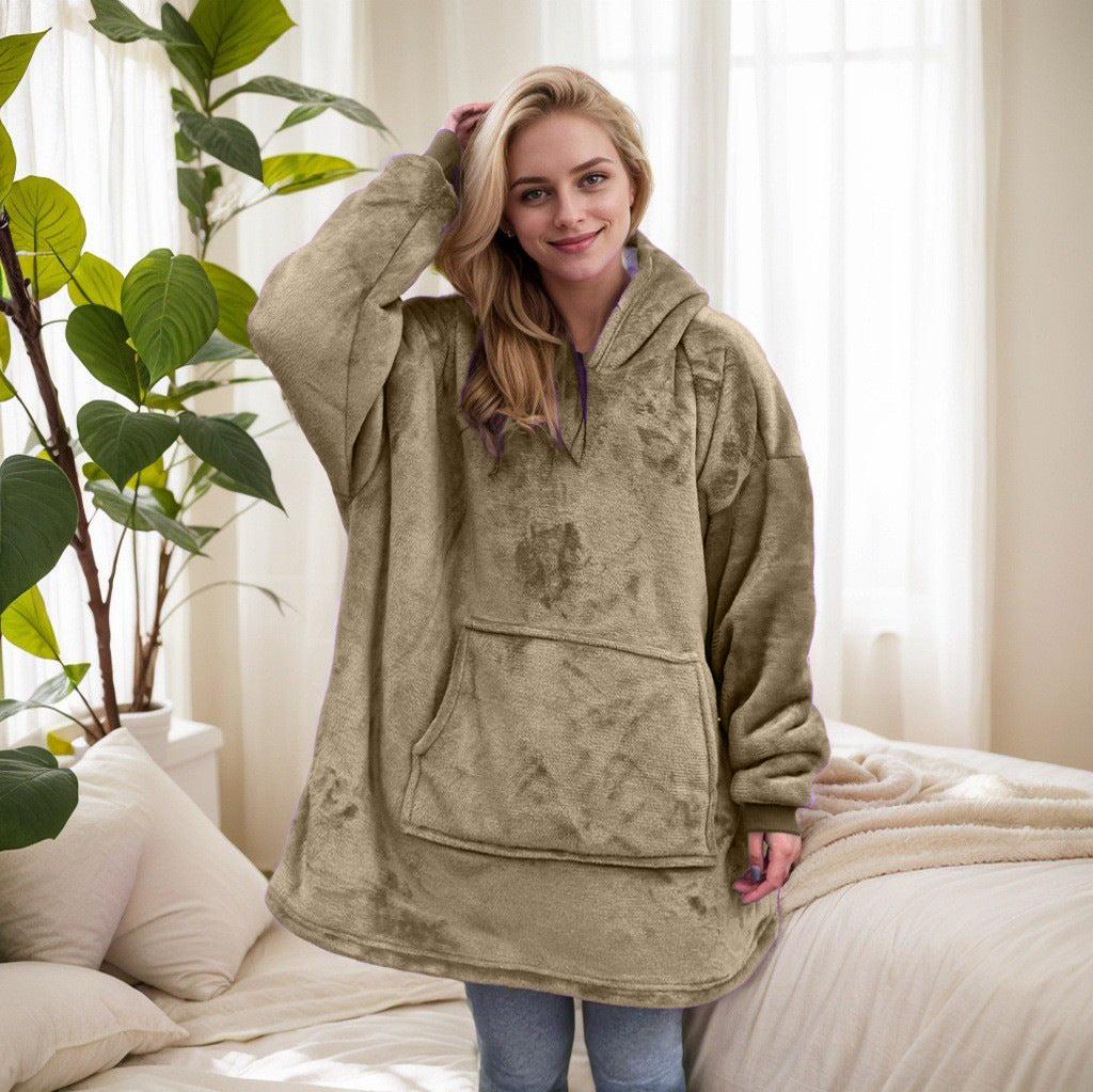 2021 Winter Fleece-Lined Thickened Navy Blue and Dark Gray Zip-Up Lazy Blanket Long-Sleeve Casual Flannel Hoodie