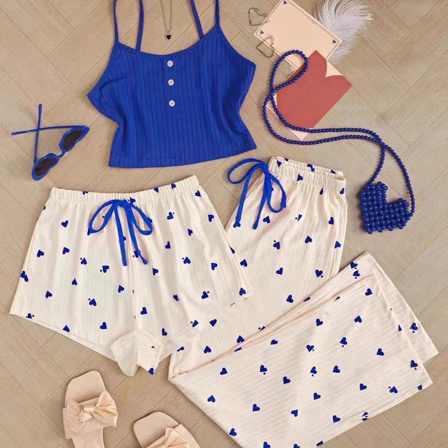 European and American New Style Love-Printed Spring and Summer Sweet and Cute Pajamas, Casual Women's Home Wear Set, Three-Piece Set