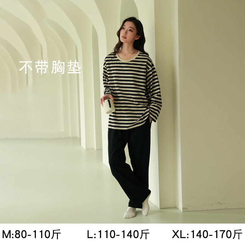 Women's Pajamas, Pure Cotton, Spring and Autumn Long-Sleeved Set, Large Size, High-End Striped Design, Can Be Worn Outside, with Chest Pads, Home Wear