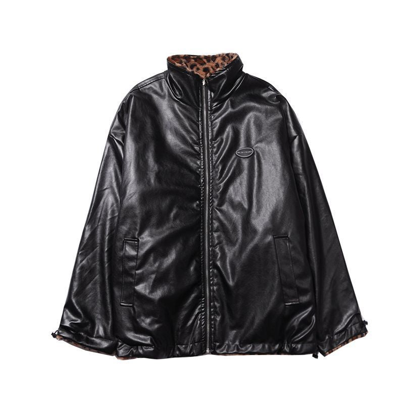 Leather women's 2025 winter new double-sided fur one-piece motorcycle clothing leopard fleece-lined PU fur coat coat trendy