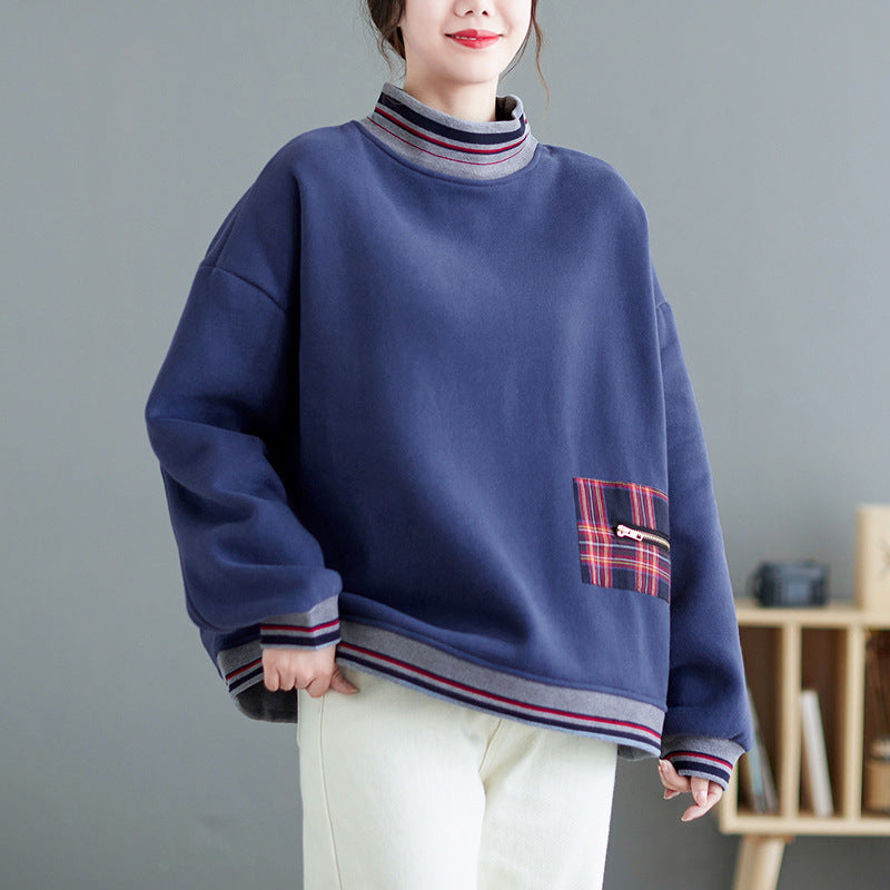 New 2023 Winter new cotton patch turtleneck sweater women's fleece-lined warm loose pullover top