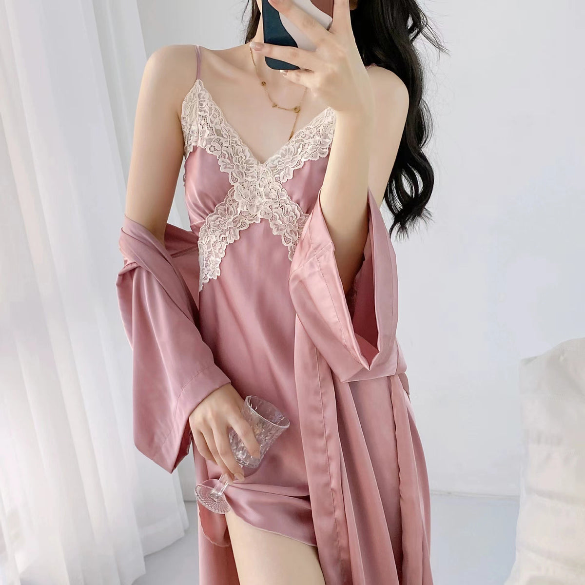 Sexy Pajamas for Women Spring and Summer New Satin Ice Silk Suspender Nightgown Nightgown Shorts Three-Piece Set with Chest Pad Home Clothes