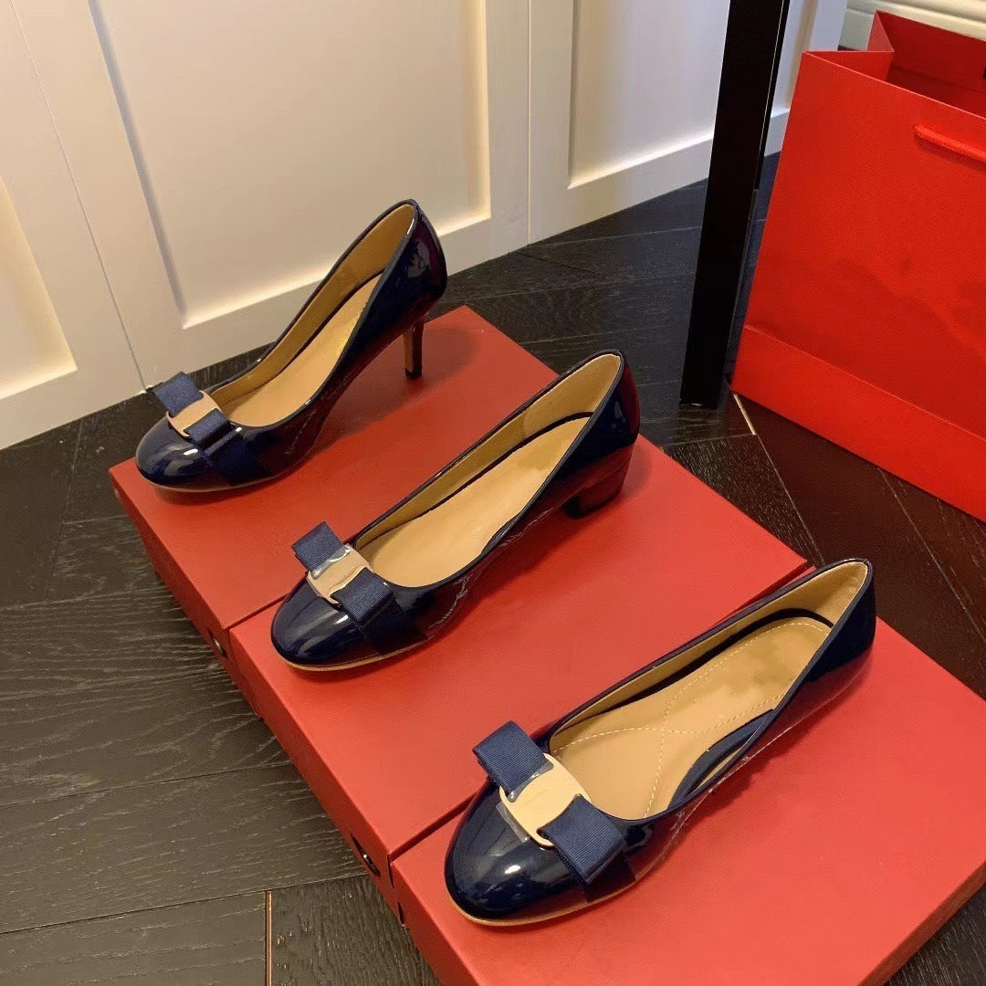 High Version Spring New Style Small Red Shoes Round Toe Comfortable Bow Shoes Thick Heel Flat Patent Leather French Women's Wedding Shoes