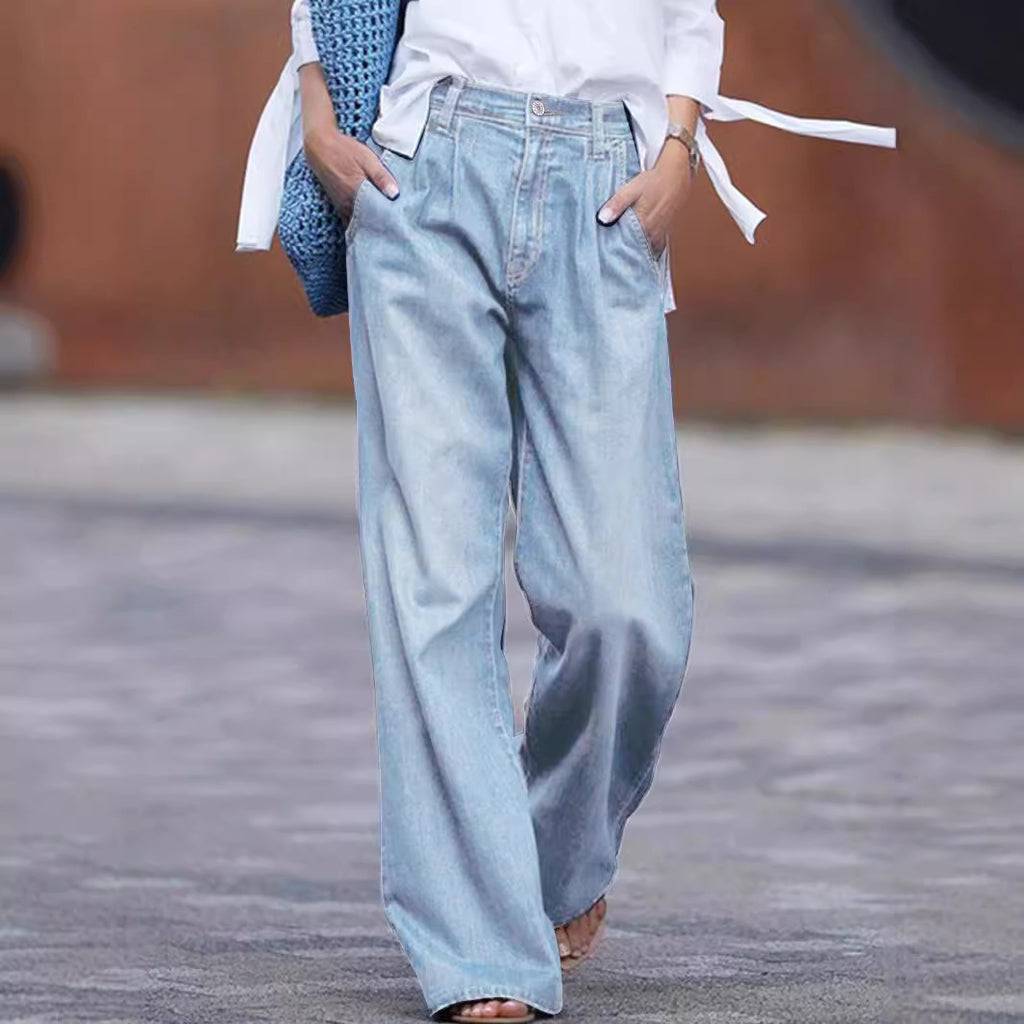 Amazon Casual Jeans for Women, Cross-Border High-Waisted Slimming Wide-Leg Pants, Loose Floor-Length Pants, Denim Trousers, Versatile