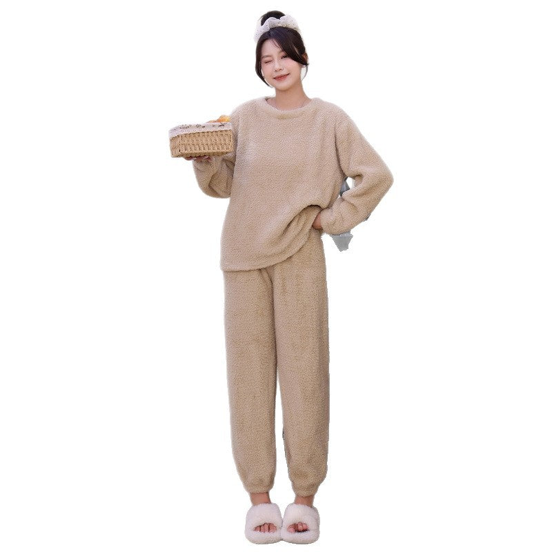 Pajamas for Women 2025 Autumn and Winter New Long-Sleeved Pants Fleece-Lined Thickeneded Bright Silk Coral Velvet Can Be Worn Outside Home Clothes Set