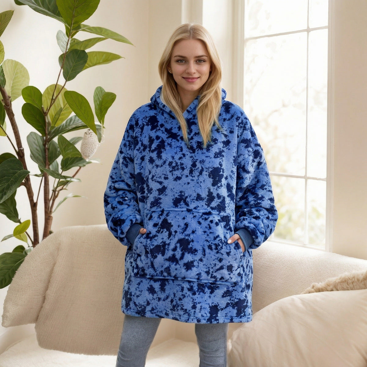 2021 Winter Fleece-Lined Thickened Navy Blue and Dark Gray Zip-Up Lazy Blanket Long-Sleeve Casual Flannel Hoodie