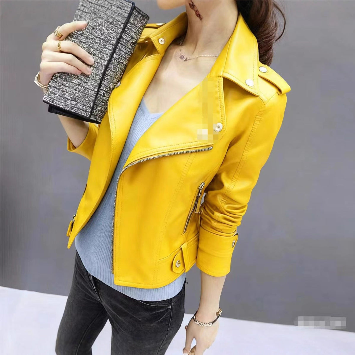 2025 Women's Leather Jacket Autumn Korean Style Slim Fit Motorcycle Pu Leather Casual Versatile Jacket