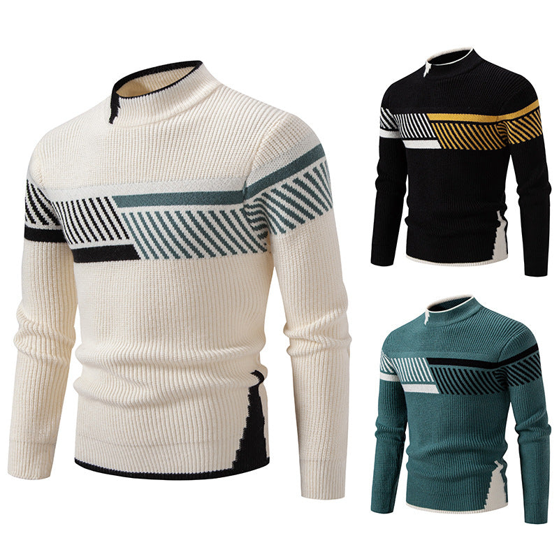 Lazy Style Sweater Men's Autumn and Winter 2024 New Half-turtleneck Knitted Sweater Men's Color-block Base Shirt Warm Sweater