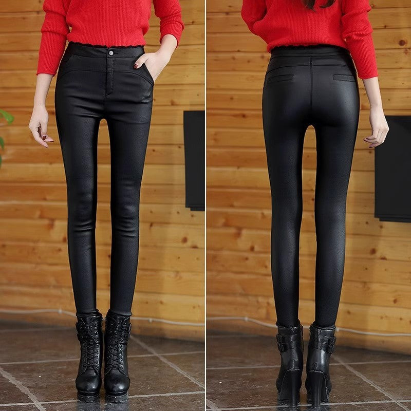 Women's Leather Pants 2025 New High-Waisted Autumn Popular Black Outer Lace Leggings Extra Long Matte Tight-Fitting Small Feet