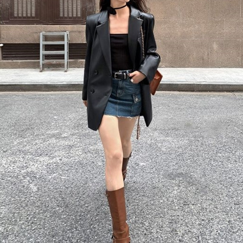 Suit Leather Jacket Women's Design Sense Niche PU Leather High-end Sense Fried Street Loose Casual Black Elegant Suit Fashion