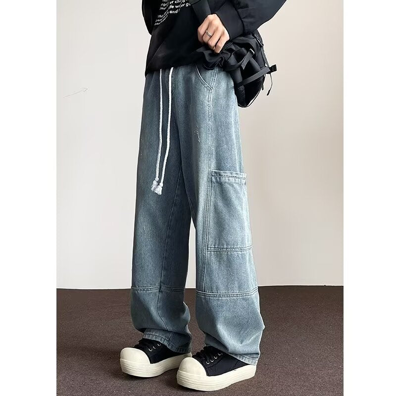 Workwear Jeans Male Teenagers Spring and Autumn Big Pocket Junior Senior high school Students American Casual Elasto Waist Long Pants