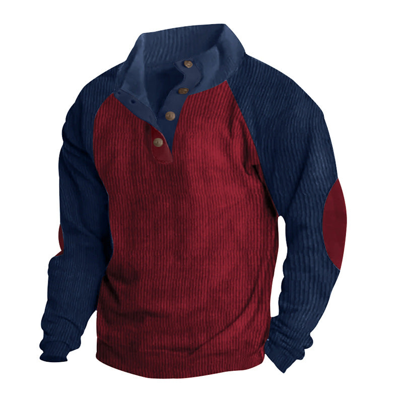 2025 Cross-Border Men's Casual Stand Collar Sports Sweatshirt Amazon Autumn and Winter Contrast Color Corduroy Slim Raglan Sweatshirt