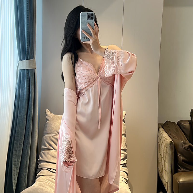 Pajamas Women's Summer Ice Silk Pure Sexy Lace Sling Nightgown Nightgown with Chest Pad Thin Home Clothes Two-piece Set