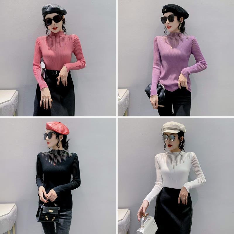 Real shot 2022 autumn and winter New Hot drilling mesh stitching sweater women's long sleeve hollow sweater slim base shirt