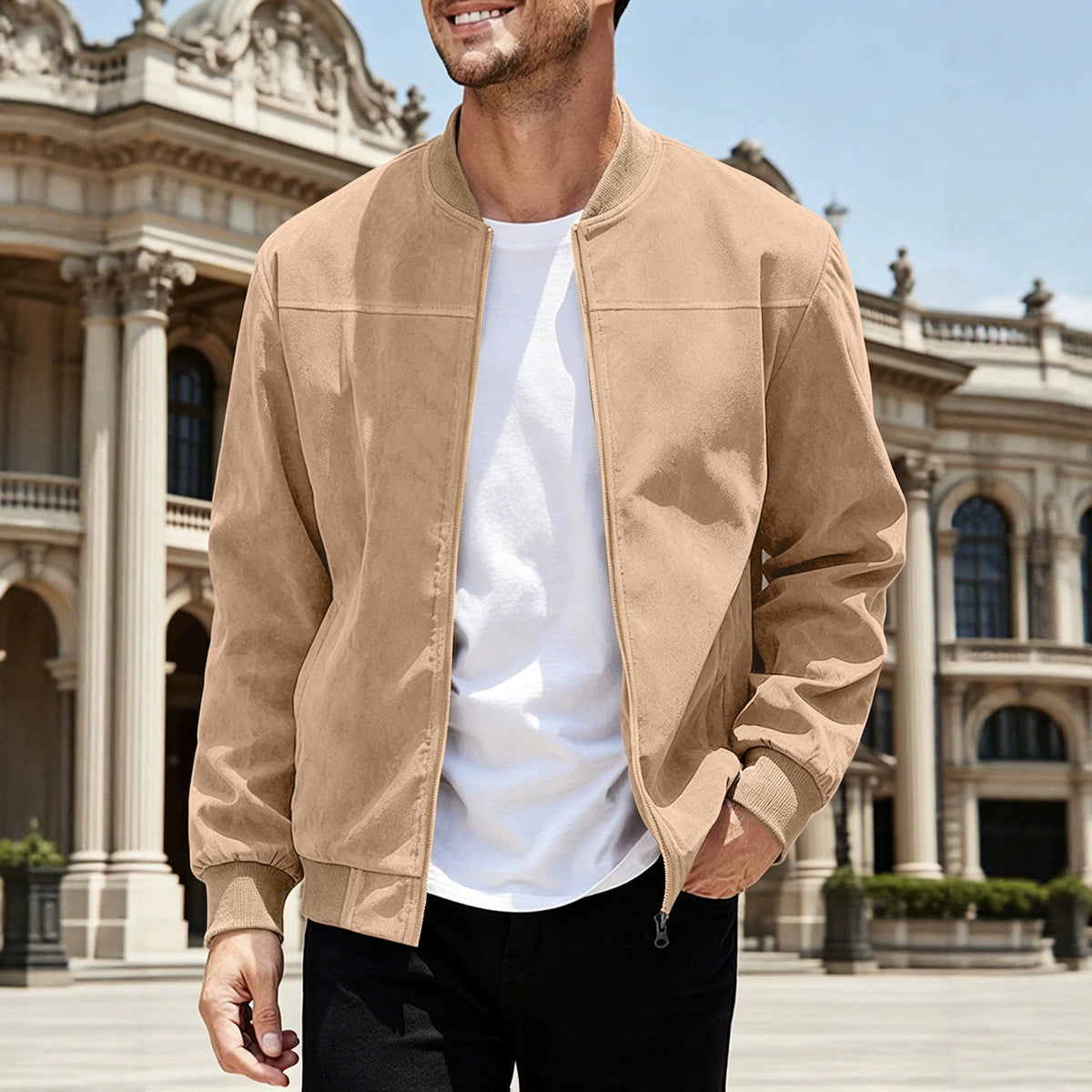 Cross-Border European and American Men's / women's Suede Solid Color Casual Sports Stand Collar Zipper Jacket Plus Size Long Sleeve Cardigan