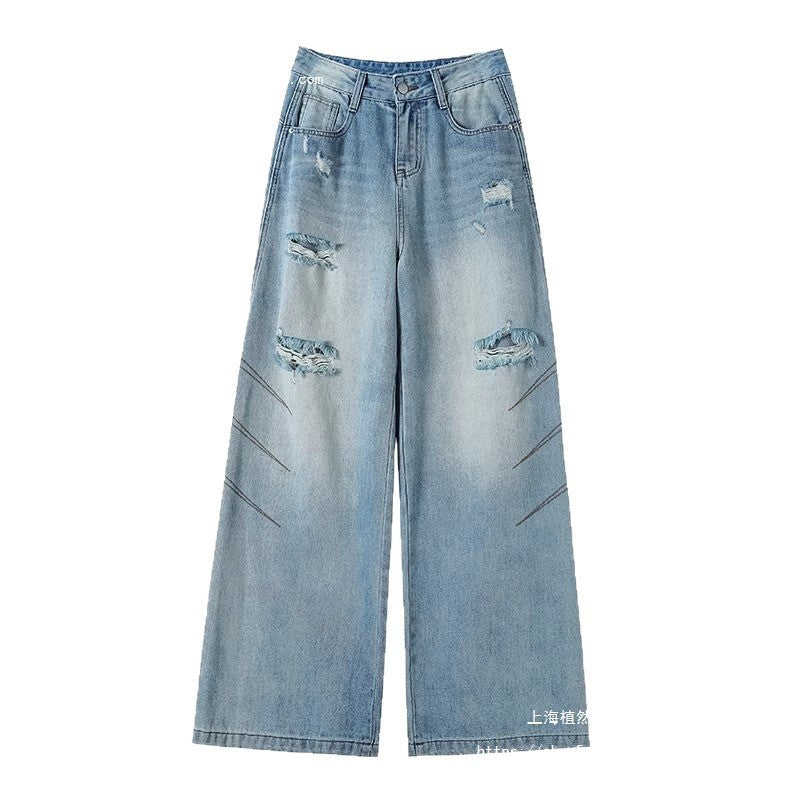 Ripped Straight-Leg Jeans for Women, Summer 2025 New High-Waisted Leg-Covering Style, Trendy American-Style Wide-Leg Pants for Hot Girls