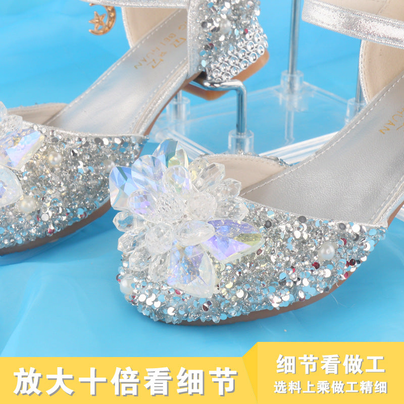 Cinderella Crystal Shoes Silver Model 4 Years Old Party 5 Princess Shoes 6 Little Girl Leather Shoes Children's High Heels 7 Sweet