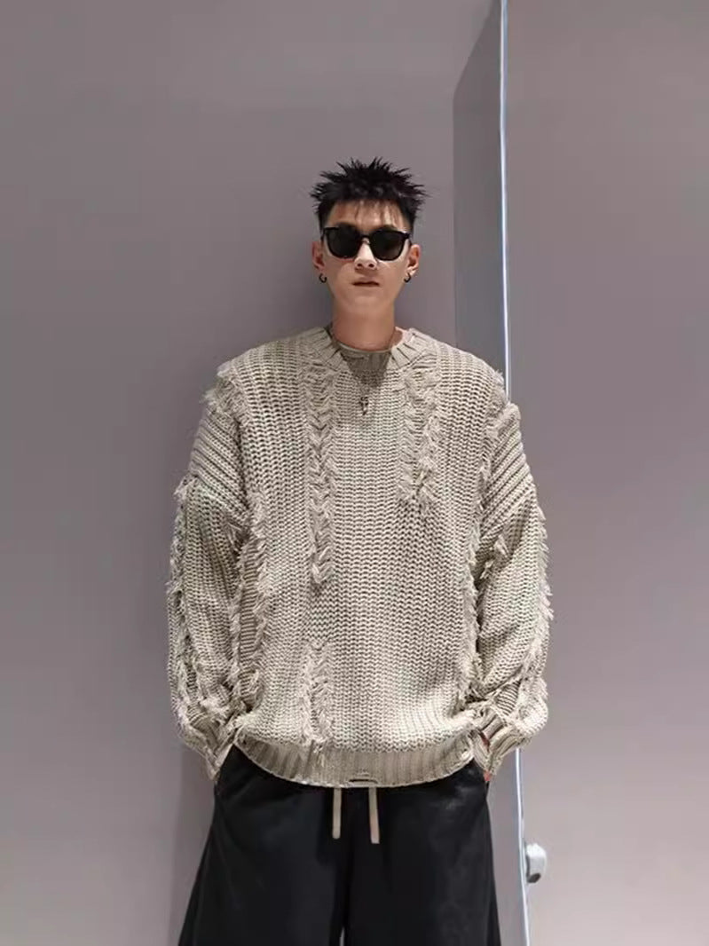 2024 Autumn and Winter New Sweater Men's American Niche Retro Tassel Hole Design Loose Lazy Knitted Sweater