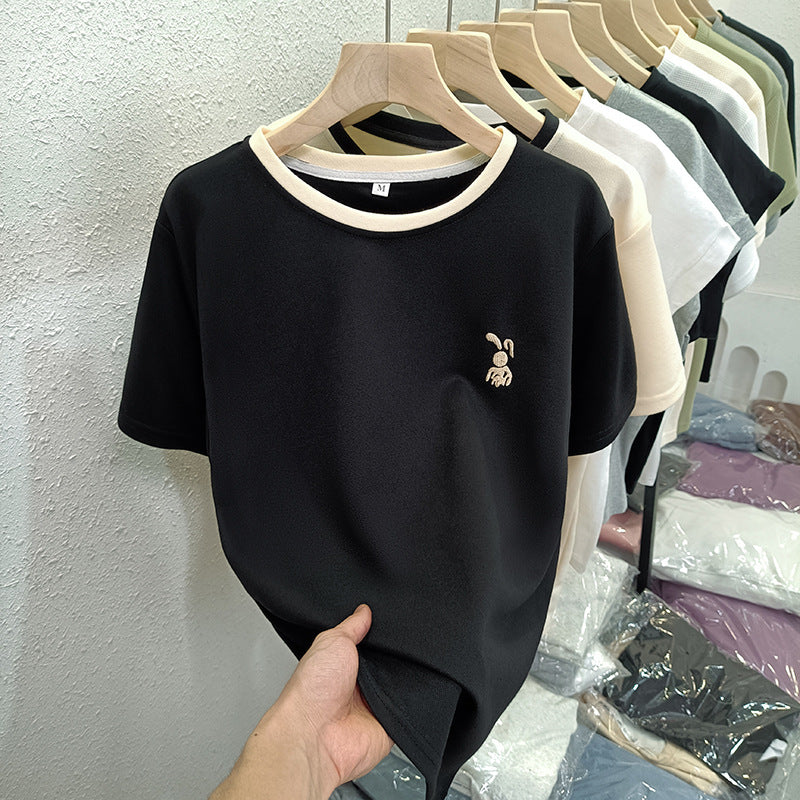 Pure Cotton Bag Collar Contrasting Round Neck Short-Sleeved T-Shirt for Women Summer New Style Bunny Embroider Casual Versatile Top