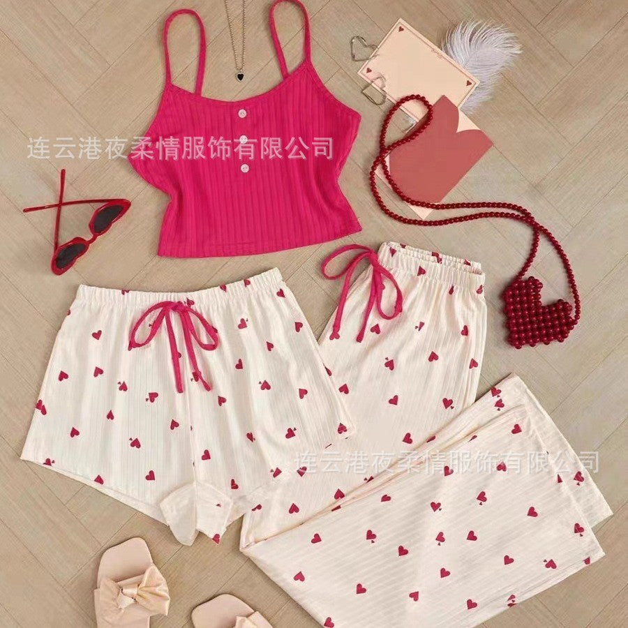 European and American New Style Love-Printed Spring and Summer Sweet and Cute Pajamas, Casual Women's Home Wear Set, Three-Piece Set