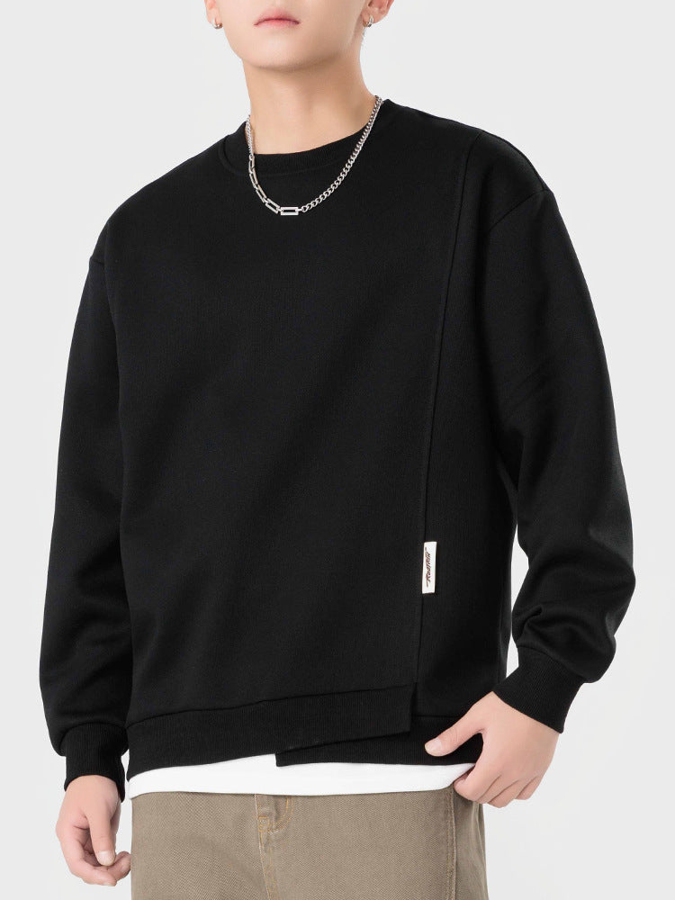 Light Mature Style Simple Men's Clothing Spring and Autumn New Heavy-weight Sweaters Men's New Fashionable Brand Fake Two-piece Solid Color Top for Men
