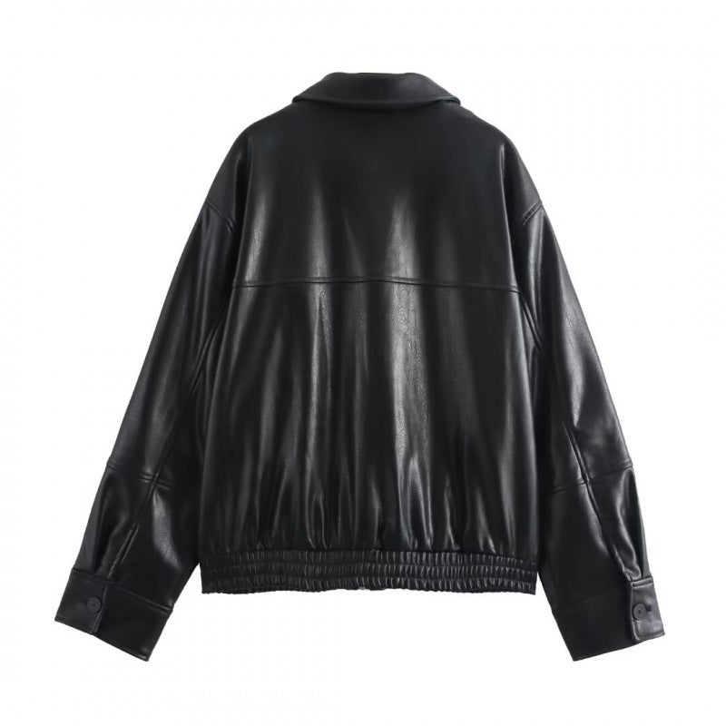Aliexpress Wholesale Autumn New Women's Clothing Versatile Lapel Zipper Long Sleeve Pocket Textured Leather Jacket