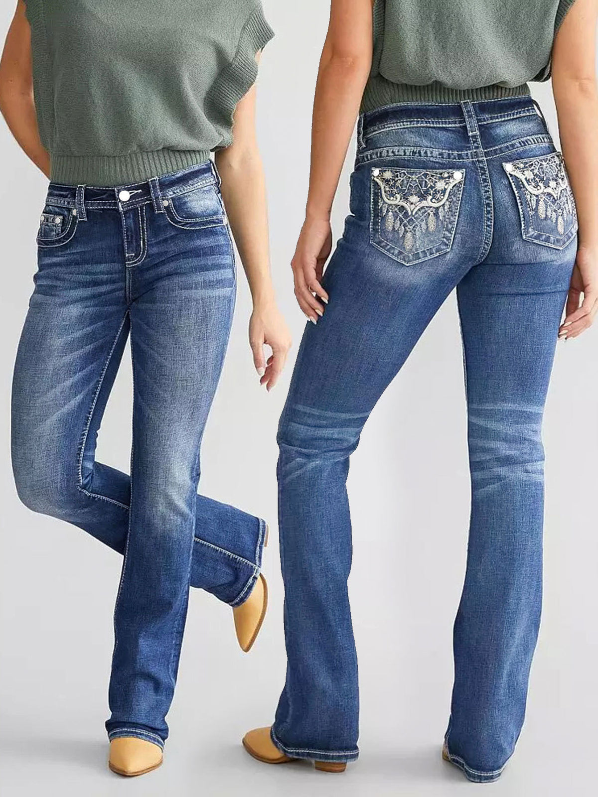 New Style Women's Embroidered Denim Bootcut Trousers, Fashionable and Elegant Denim Trousers