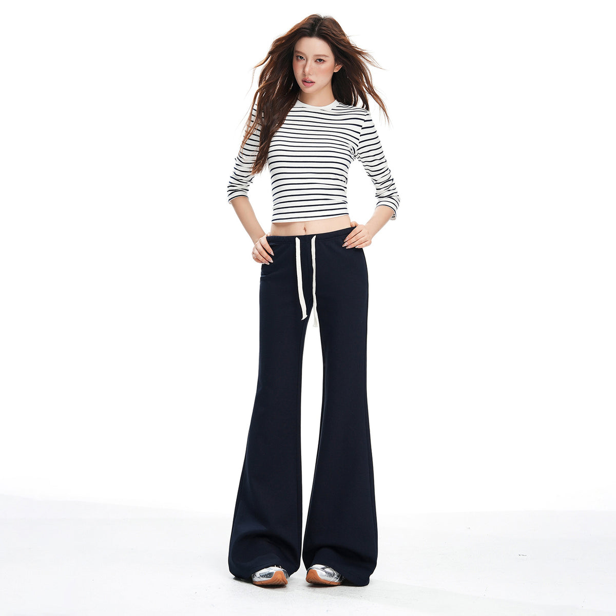 American Fashion Versatile Trendy Casual Pants for Women Early Autumn New Drawstring Mid-Waist Soft Drape Loose Flared Pants