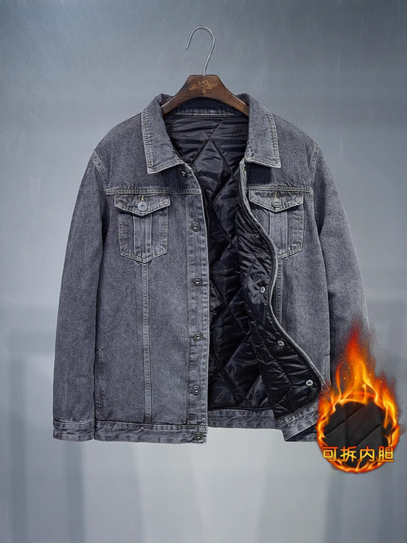 Fertilized Extra Large Loose Denim Coat fleece-lined Thickened plus size Men's Winter Jacket Warm Quilted Two-piece Top