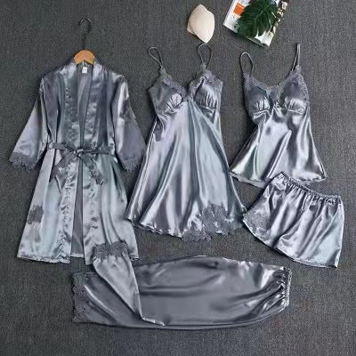 Pajamas Women's Summer Ice Silk Sexy Hot Adult Spring and Autumn Long Sleeve Thin Women's Nightgown Five-piece Suit