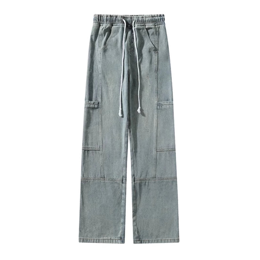 Workwear Jeans Male Teenagers Spring and Autumn Big Pocket Junior Senior high school Students American Casual Elasto Waist Long Pants