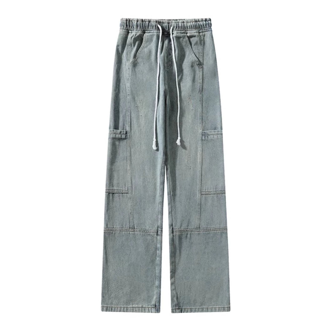 Workwear Jeans Male Teenagers Spring and Autumn Big Pocket Junior Senior high school Students American Casual Elasto Waist Long Pants