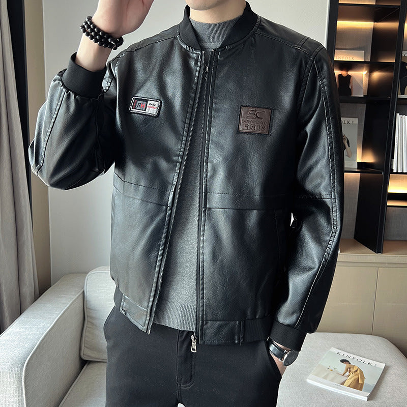 Men's Leather Jacket New Men's Handsome Leather Jacket Slim Trendy Korean Style Baseball Collar Jacket Men's Motorcycle Clothing Top