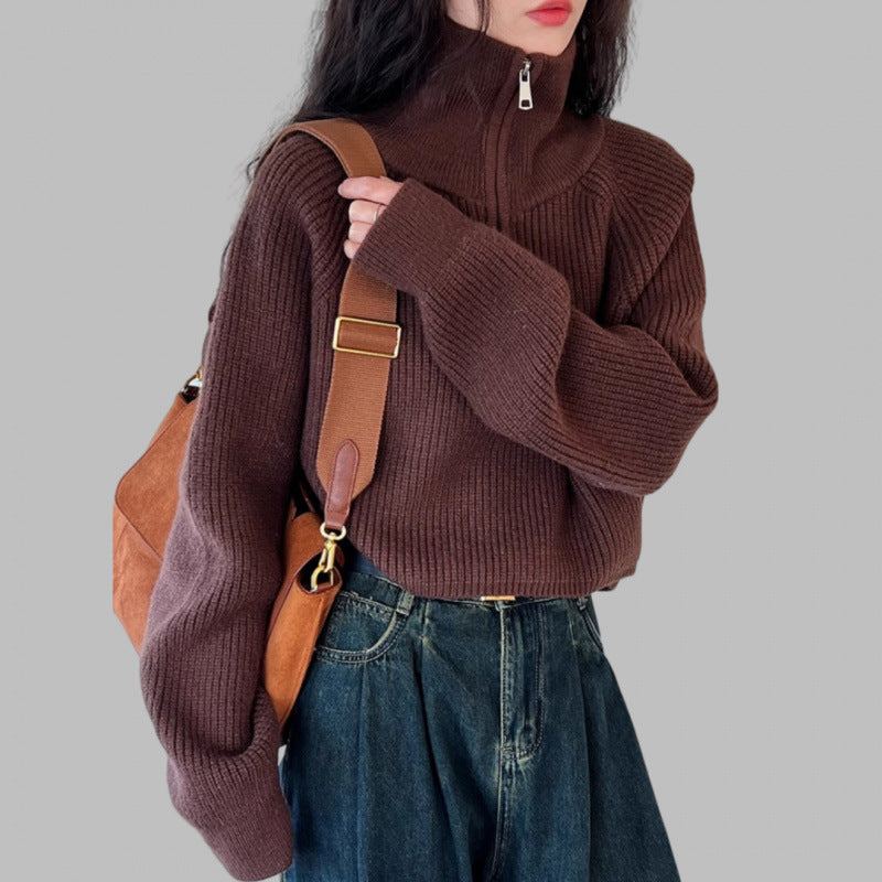 Designed Half-High Collar Zipper Red Knit Sweater for Women, Short Style, New Spring Model, High-Waisted Sweater, Loose and Thickened