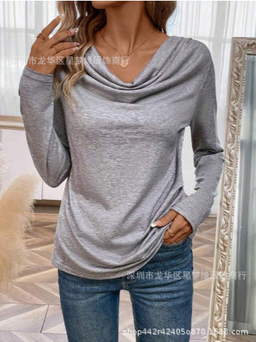2023 New Women's Long-Sleeved Tops, Solid Color Draped Collar T-Shirts, Loose, Casual, Stylish, Versatile