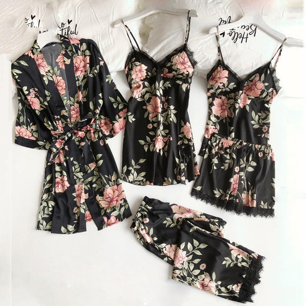 Pajama Manufacturer Wholesale Printed Women's Imitation Suspender Sleep Loose and Comfortable Lace Five-Piece Set Home Wear Underwear Nightgown