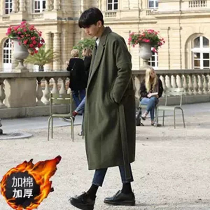 Autumn and winter woolen trench coat men's long over-the-knee Korean overcoat men's mid-length cotton and thickening woolen coat trendy
