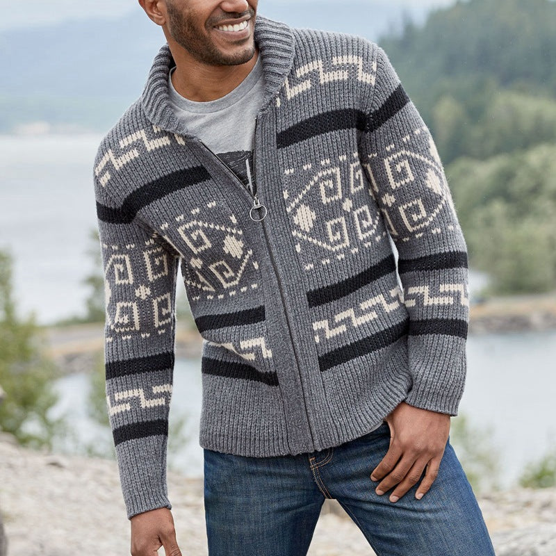 Cross-border Autumn and Winter Men's Fashion Lapel Youth Casual Cardigan Jacket Long-sleeved Slim-fit Jacquard Sweater Sweater for Men
