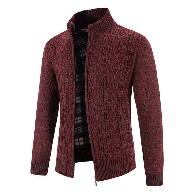 2024 new autumn and winter men's plus velvet sweater cardigan large size foreign trade stand collar fashion jacket coat men's sweater