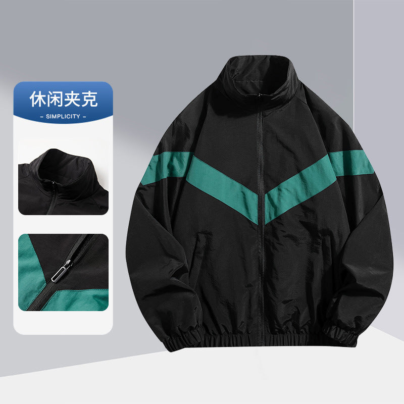 Men's Spring and Autumn Outdoor Sports Breathable Jacket, Windbreaker, Loose Color-Blocked Stand Collar Men's Coat, Casual Top